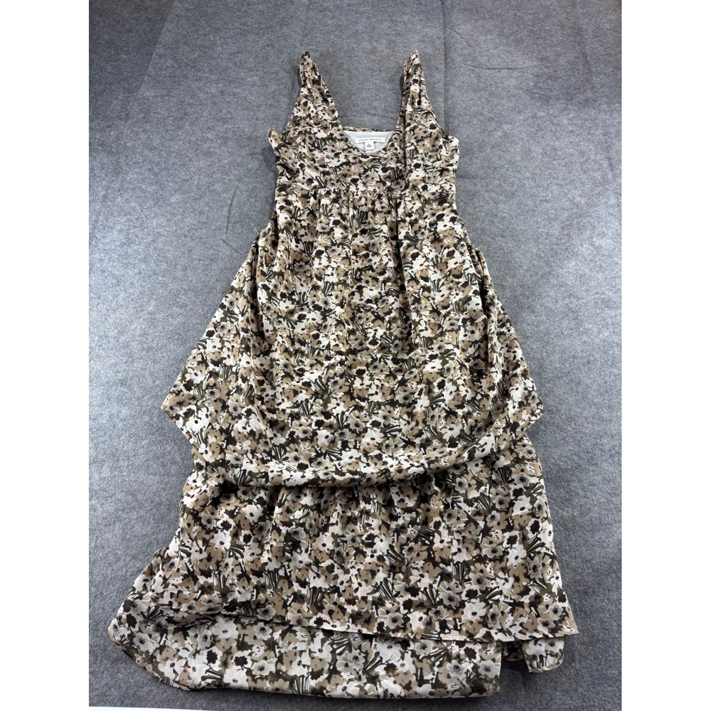 VTG Banana Republic 100% Silk Midi Dress Floral Brown V-Neck Tiered Womens 2